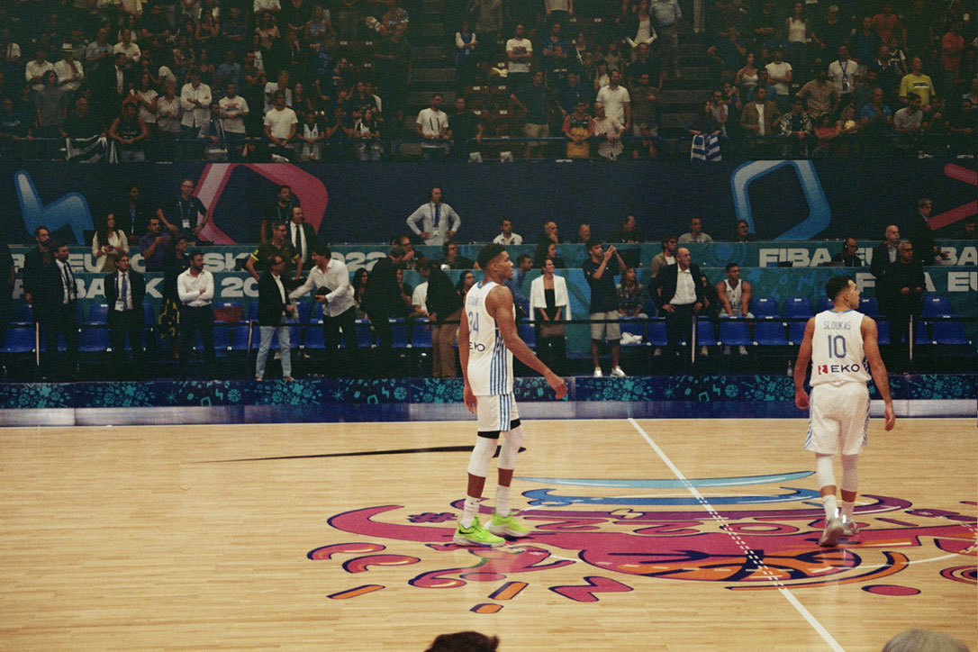 A film camera photo of Giannis Antetokounmpo at the 2022 Eurobasket. Content Production by Corzek