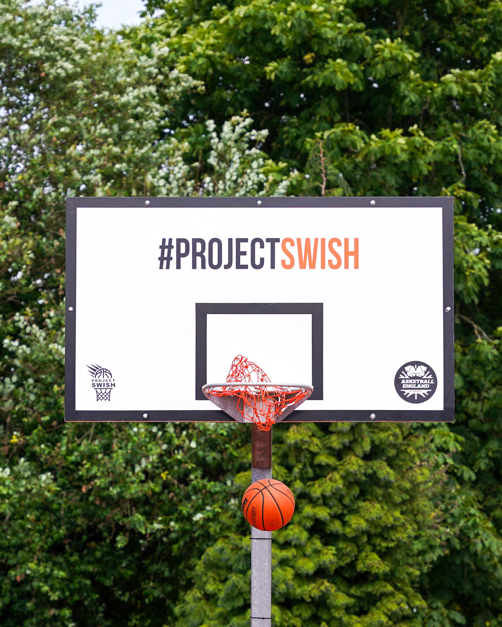 Basketball England Project Swish branded basketball hoop in Manchester